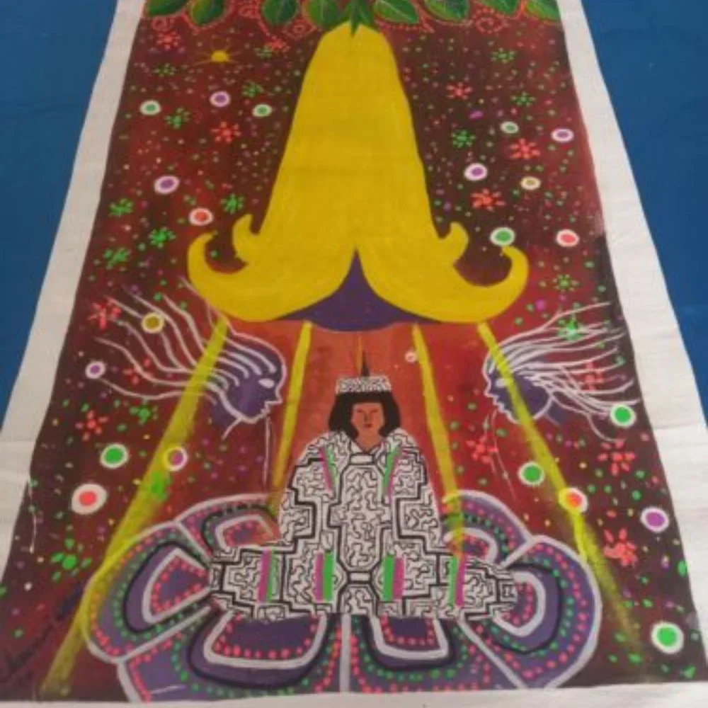 Oil on canvas Peruvian floripondio flower and shaman 30 x 18 inches